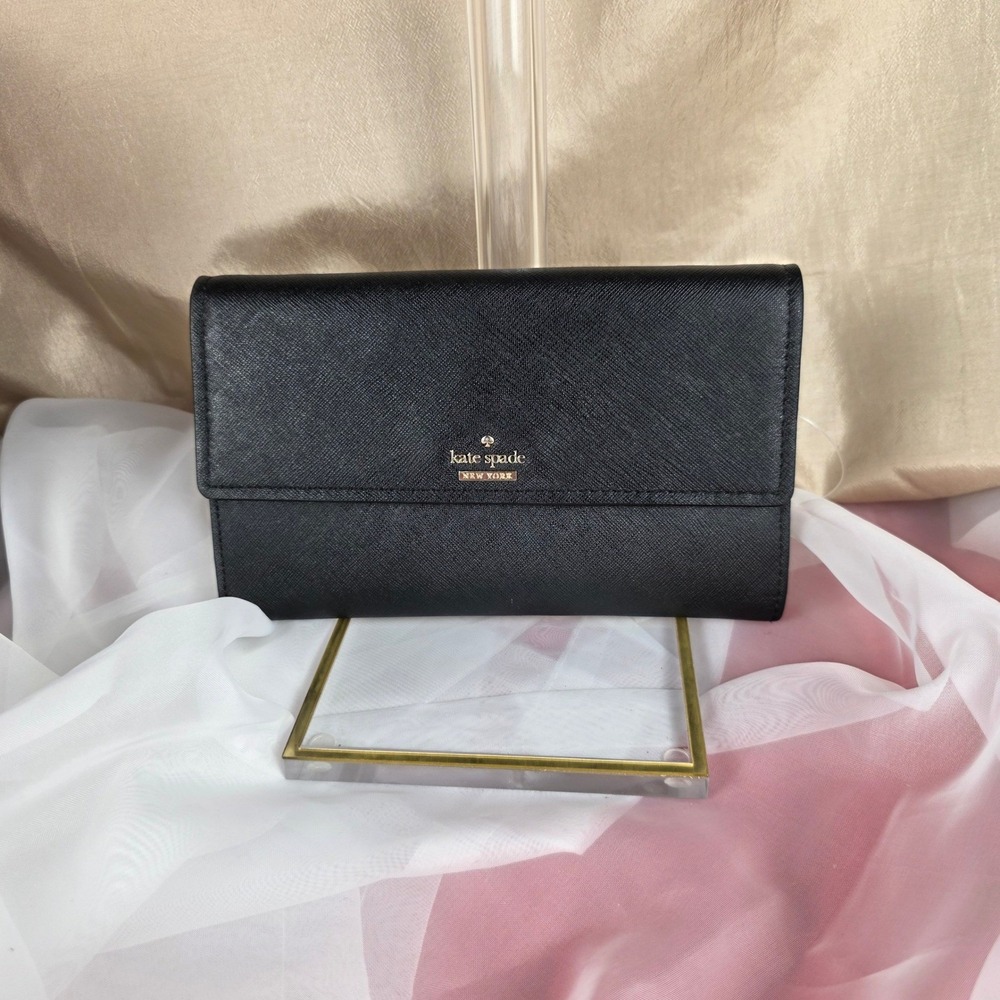 Kate Spade Black Saffiano Leather Flap Continental Wallet Phone Case Clutch‎